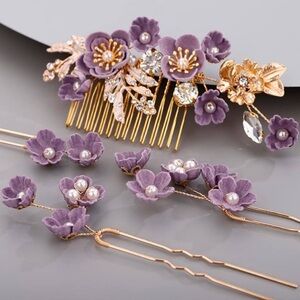 4 Piece Rhinestone Lilac Purple Flower & Diamond Hairpiece & Hair Pin Set